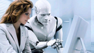 woman beside a robot
